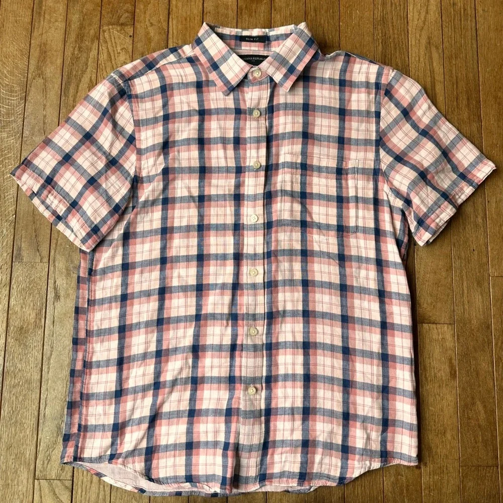 Banana Republic Button Down‎ Shirt Mens M Slim Fit Plaid Pink Blue Casual Summer